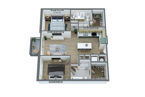 a 3d floor plan of a home with a bedroom and living room
